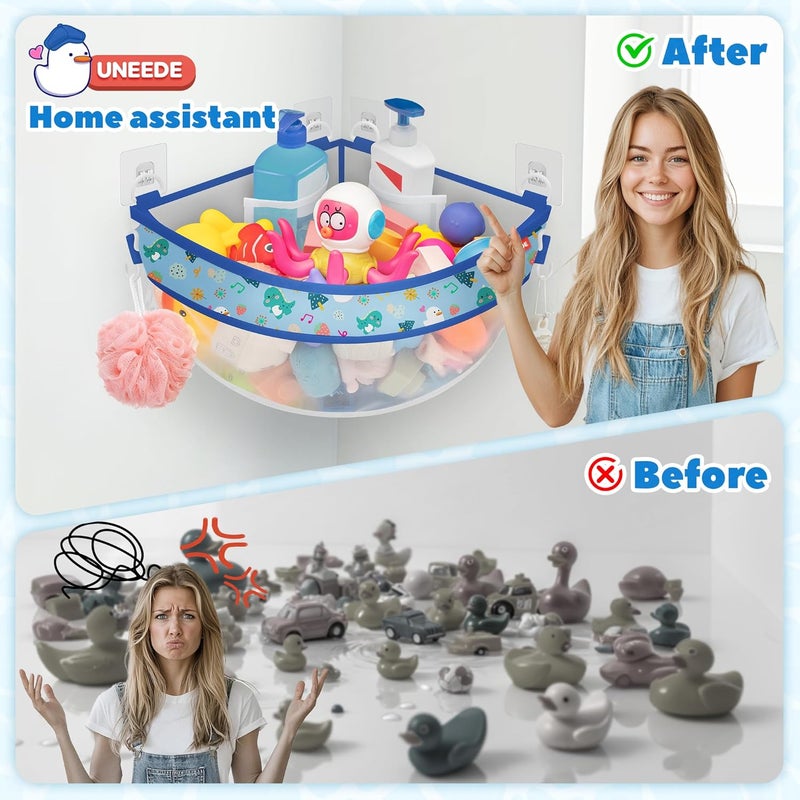 UNEEDE 4.32 Gallons Dinosaur Print Corner Bath Toy Storage | Blue Mesh Shower Caddy with Quick Drain & Bottom Zipper - Image 2
